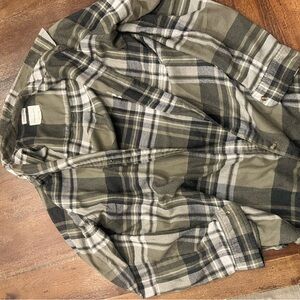 American Eagle Outfitters Olive Green and Black Plaid Button-Down Shirt